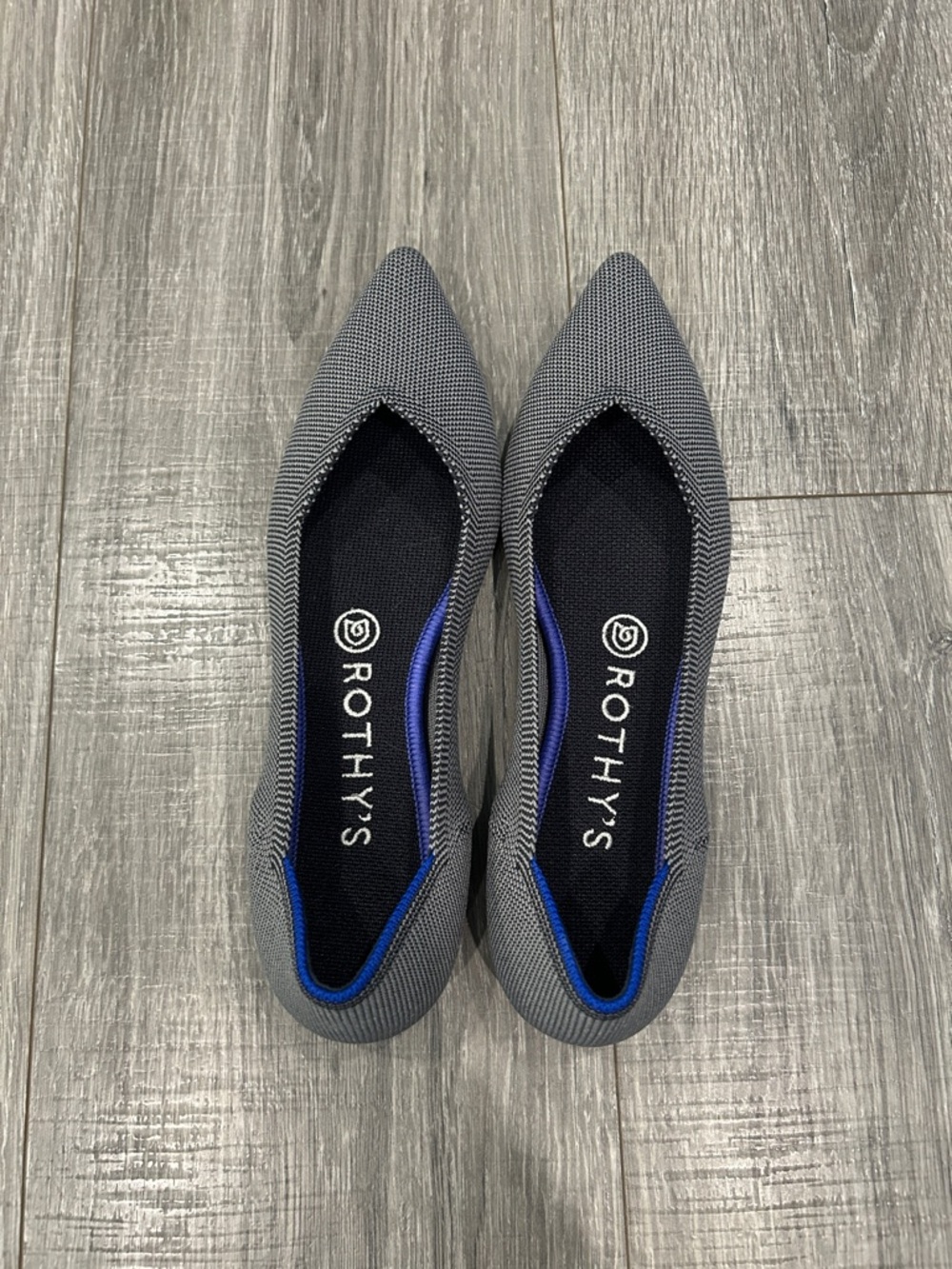 Rothy's Gray Pointed Knit Flats with Blue Trim